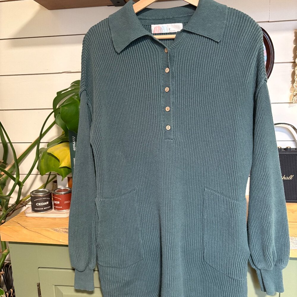 Free People Oversized Waffle Knit Tunic Sweater – XS/S (Teal Green)